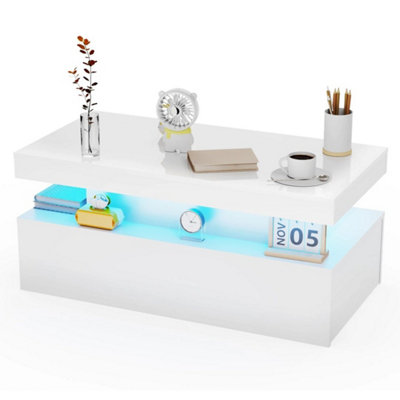  - Led High Gloss Coffee Table 2 Drawer Wooden Living Room Storage