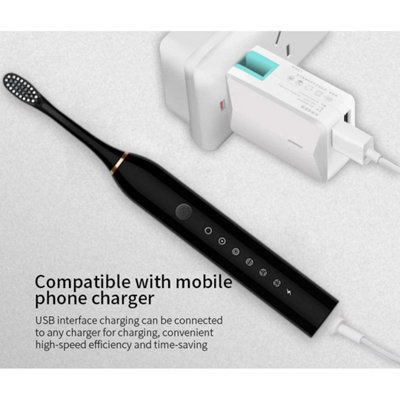  - Electric Toothbrush Sonic Oral Deep Cleaning Rechargeable 6 Modes +4 Brush Heads Black + 4 Brush Heads