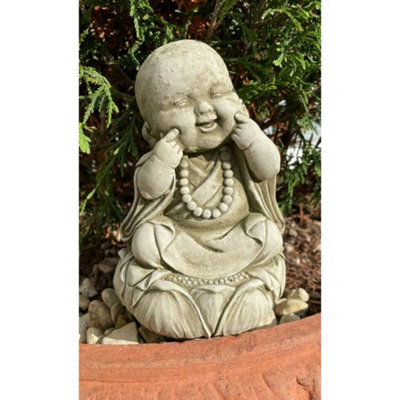  - Happy Monk Stone Statue Buddha Oriental Garden