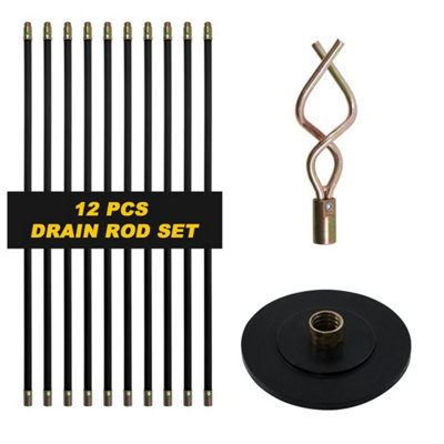  - 12 Piece Drain Rod Set 9M Plumbing Cleaning Unblock Drainage Worm Screw Plunger