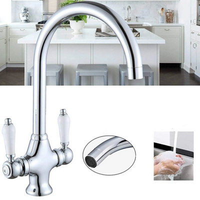 - Sink Mixer Tap Swivel Spout Modern Kitchen Dual Lever Tap Mono Faucet Hot & Cold