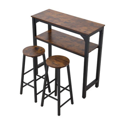  - Rustic Brown Vintage 3 Piece Breakfast Counter Bar Table And Stools Set With Storage Shelves