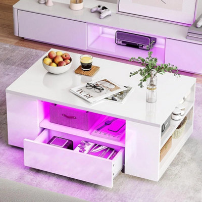 - High Gloss Led Coffee Table With Storage Wooden 2 Drawer