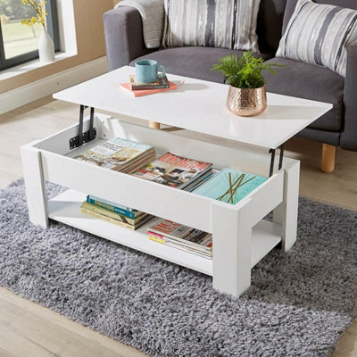  - White Wooden Coffee Table With Lift Up Top Storage Area And Magazine Shelf