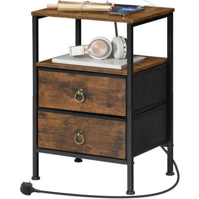  - Brown Bedside Nightstand End Table Built With Convenient Charging Station