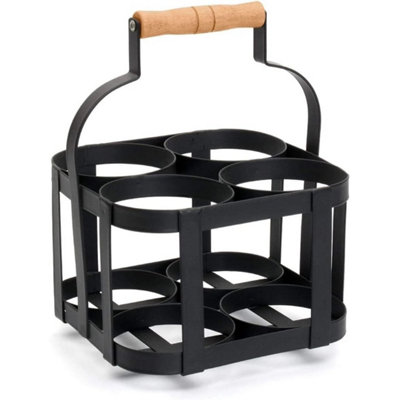  - Metal Vintage 4 Bottle Milk Holder Carrier Rack Wooden Handle Retro Drinks Caddy