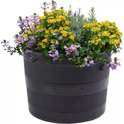  - Black Plastic Planter Plant Pot Tub Garden Patio Blacksmith Barrel Out Or Indoor 52Cm (60Litre)