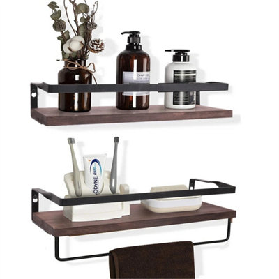  - 2Pack Wall Mounted Brown Wood Bathroom Shelf With Towel Rail Storage Rack Sturdy