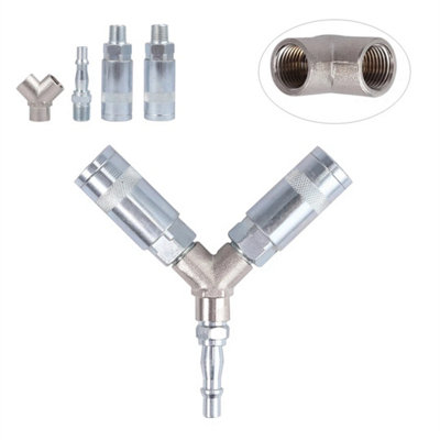 2X Airline Air Compressor Line Hose 1/4 Bsp Y Piece 3 Way Quick Release Fittings from B&Q