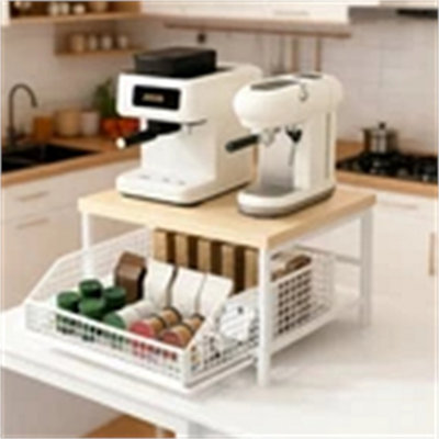  - White 2-Tier Kitchen Countertop Organizer With Drawer Metal Baskets Space-Saving