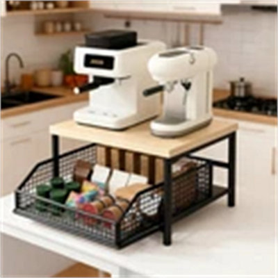  - Black 2-Tier Kitchen Countertop Organizer With Drawer Metal Baskets Space-Saving