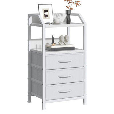  - 40Cm White Bedside Table W/ 3 Fabric Drawers & Open Shelf