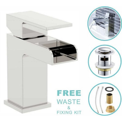  - Modern Waterfall Basin Sink Tap Chrome Mono Mixer With Waste