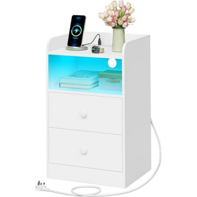  - 2 Drawers Bedside Table Cabinet Charging Station Led Lights Nightstand White 1X White