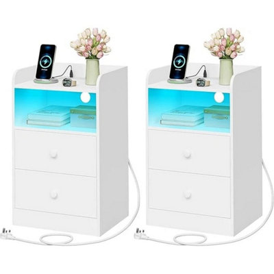 - 2 Drawers Bedside Table Cabinet Charging Station Led Lights Nightstand White 2X White