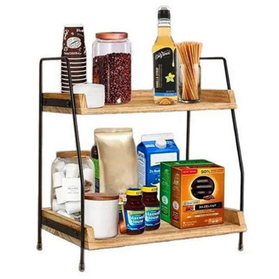  - 2-Tier Coffee Station Organizer For CountertopWooden Kitchen Counter Shelf