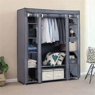  - Grey Fabric Canvas Wardrobe With Hanging Rail & Shelves