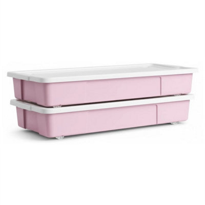 2 Pack 47L Pink Plastic Underbed Storage Box With Lid & Wheels from B&Q