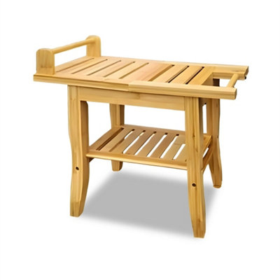  - 2-Tier Bamboo Shower Bench Waterproof Storage Shelf