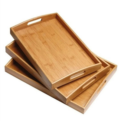 Dark Wood Bamboo Serving Tray With Handles Rectangular from B&Q