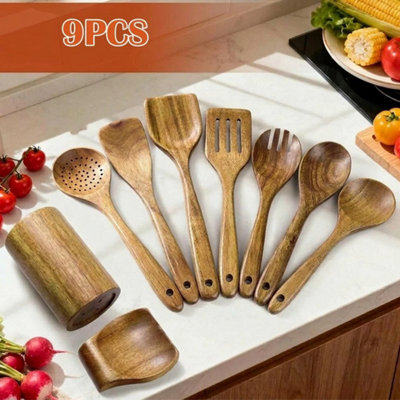  - 9Pcs Wooden Kitchen Utensil Set Spoon Spatula Ladle Cooking Tools With Holder