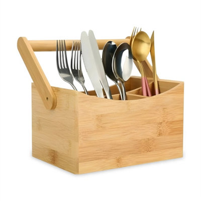 4 Compartment Bamboo Cutlery Caddy Utensil Rack Condiments Holder Divider Home from B&Q