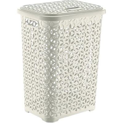 White-60L Plastic Laundry Basket With LidLarge Ventilated Clothes Hamper With Handle from B&Q