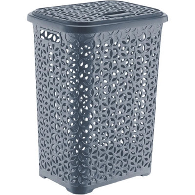 Grey-60L Plastic Laundry Basket With LidLarge Ventilated Clothes Hamper With Handle from B&Q