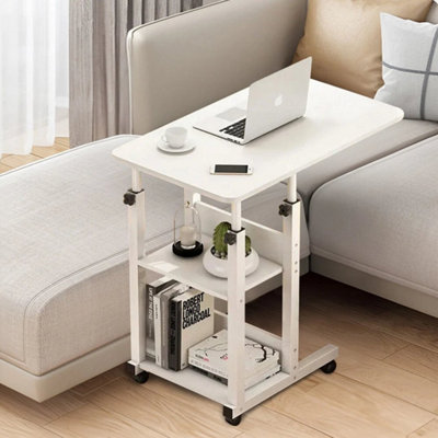  - White Height Adjustable Mobile Over Bed Chair Table Hospital Overbed Laptop Tray Stand