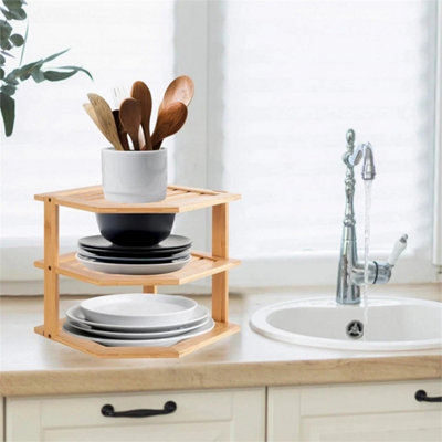 Natural 3-Tier Bamboo Corner Shelf Kitchen Storage Rack from B&Q