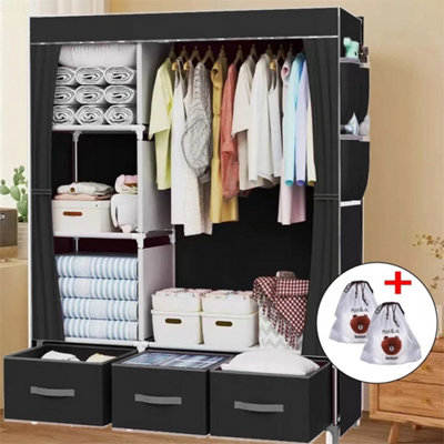  - Black Large Fabric Wardrobe With Hanging Rail And Shelving Storage