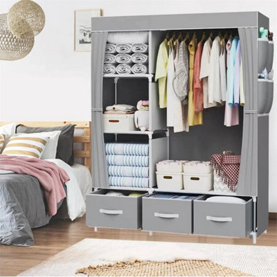  - Grey Large Fabric Wardrobe With Hanging Rail And Shelving Storage
