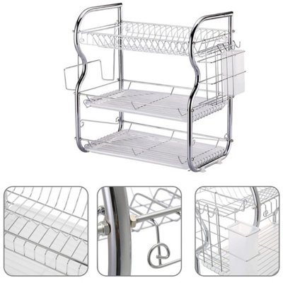  - 3 Tier Anti-Rust Dish Drainer Cutlery Rack With Drip Tray Plates Bowls Holder