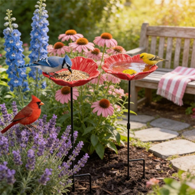 2Pcs Cast Iron Poppy Bird Bath Feeder Garden Stake Ornament from B&Q