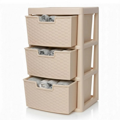 Rattan Style Plastic 3 Drawer Storage Unit Tower Home Office School