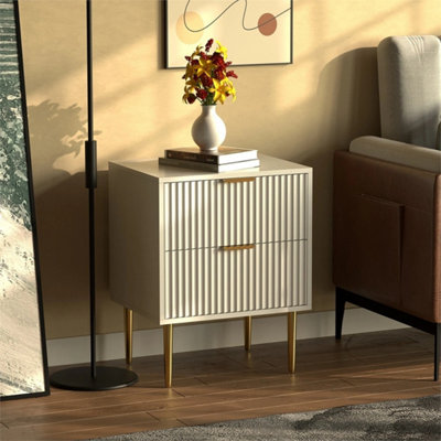  - White Wooden 2 Drawer Chic Fluted Bedside End Sofa Table Nightstand
