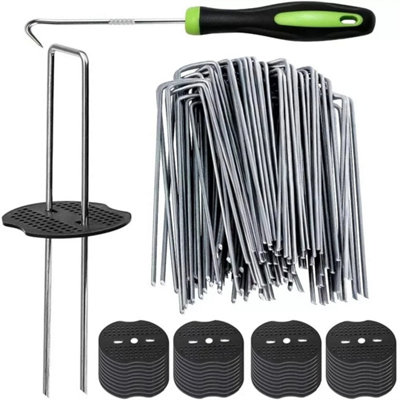  - 100 Weed Control Mat Membrane Pegs + Buffer Washer Pegs U-Shaped Pins Galvanised
