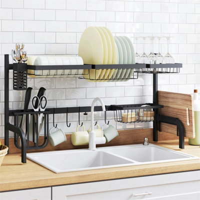  - Over The Sink Dish Drying Rack 2 Tier Adjustable Dish Drainer Black