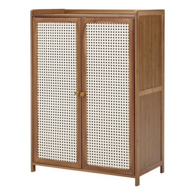  - Shoe Cabinet Storage Cupboard Footwear Stand Rack Wooden Double Rattan Doors