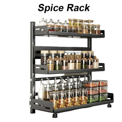  - 3 Tier Kitchen Spice Rack Organiser Jar Black Free Standing Space Saving Storage