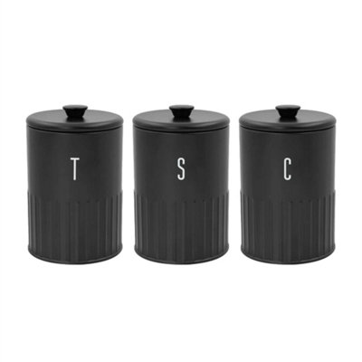 - 3Pc Black Ribbed Airtight Coffee Tea Sugar Canister Set