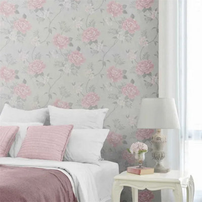 Floral Wallpaper Linen Shimmer Effect Textured Feature Wall Lounge from B&Q