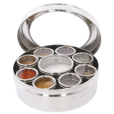 Authentic Indian Spice Tin Box Masala Dabba Stainless Steel 9Pc Spices Herb Pots from B&Q