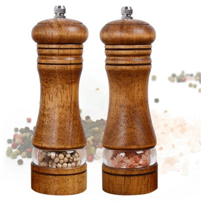  - Set Of 2 Oak Wooden Pepper Grinder Salt Spice Herb Mill Refillable
