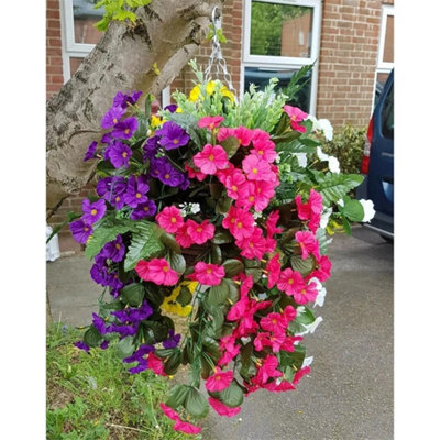 2 Hanging Basket Artificial Hanging Basket Roses Ivy Fern Foliage from B&Q