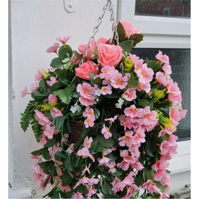 2 Hanging Baskets Artificial Hanging Basket Rose Ivy Fern Foliage from B&Q