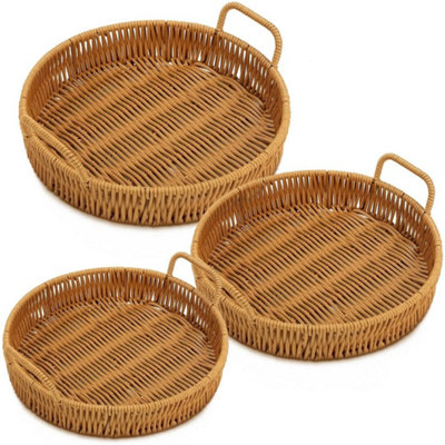 B&Q 3Pcs Hand Woven Round Serving Tray Set-Multipurpose Decorative Tray