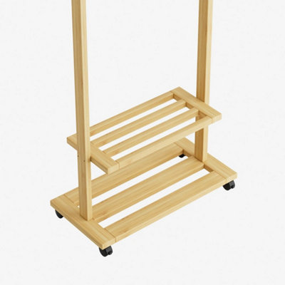  - Natural-Bamboo Clothes Rail Wooden Garment Rack Rolling Wardrobe With Storage Shelves
