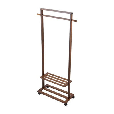  - Walnut-Bamboo Clothes Rail Wooden Garment Rack Rolling Wardrobe With Storage Shelves