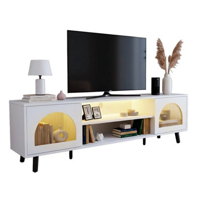  - Led Tv Stand Cabinet Unit Modern Glass 2 Door Mdf Entertainment Rgb Lights White